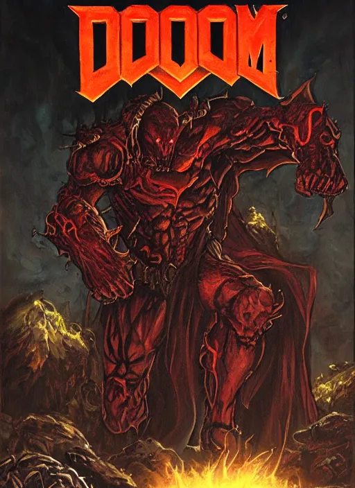 Prompt: ( doom ) box cover featuring hellknight by kenneth scott and idsoftware