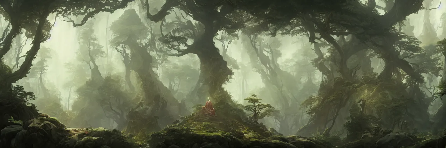 Image similar to Mysterious beautiful Buddhist forest, matte painting by Peter Mohrbacher, featured in artstation, octane render, cinematic, elegant, intricate, 8k