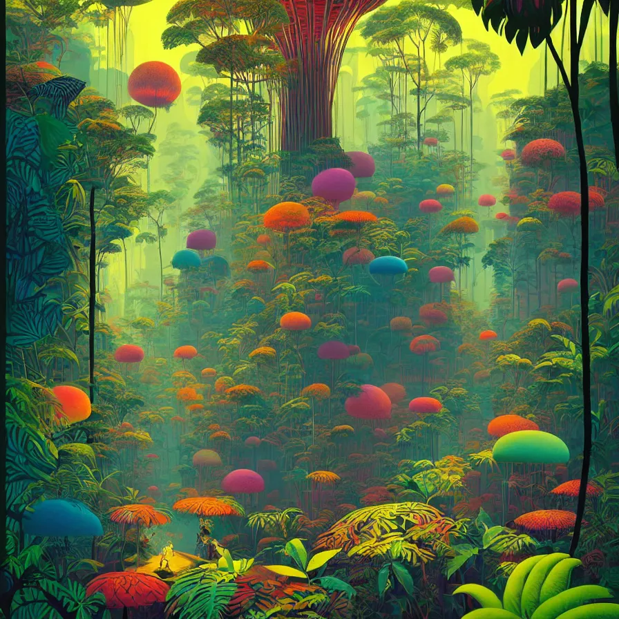 Image similar to surreal glimpse, malaysia jungle, sunny day, very coherent and colorful high contrast pastel art by gediminas pranckevicius james gilleard james gurney floralpunk screen printing woodblock, dark shadows, hard lighting, stippling dots, art nouveau