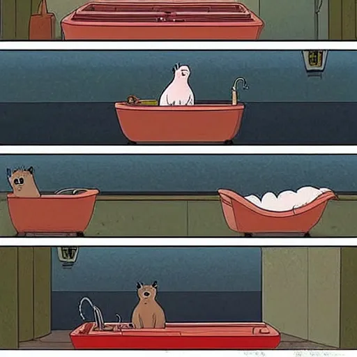 Prompt: a capybara sitting in a steaming bathtub in the animated movie spirited away by hayao miyazaki!!!!, studio ghibli, animated movie, anime, beautiful