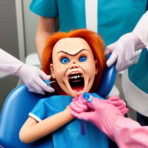 Image similar to chucky doll screaming at the dentist office while getting teeth cleaned