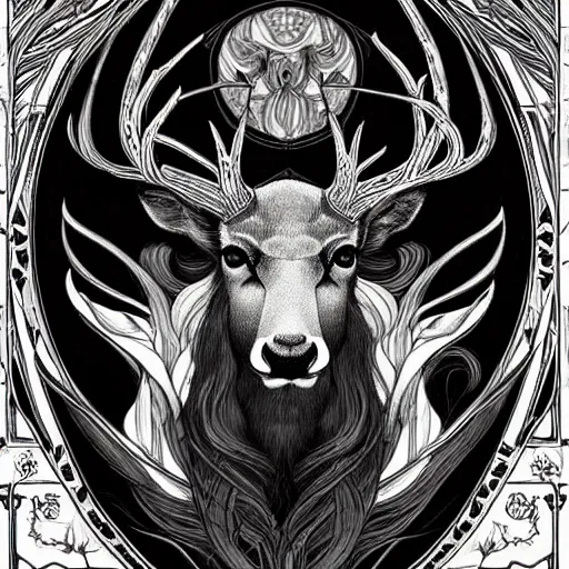 Image similar to black and white deer, with highly detailed with red flowers, long flowing mane and tail, ultra high detail, symmetry, in a hellscape, detail art style of alfons maria mucha, and peter mohrbacher atyles god lighting