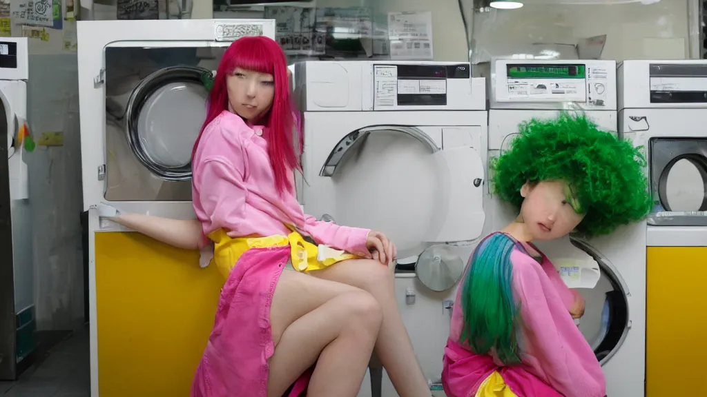 Image similar to a girl with green hair sitting on top of a washing machine in a laundromat in the style of Tsuguharu Fujita, pink yellow red and green