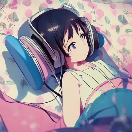 Image similar to girl listening to music at 1 am falling asleep, anime, kyoto animation key visual