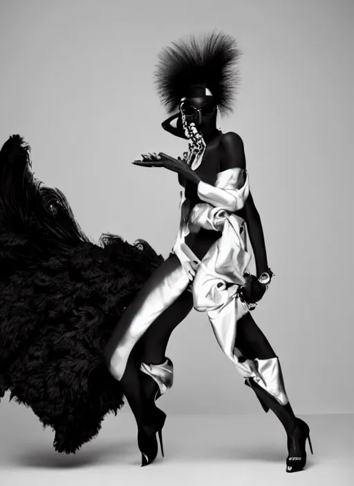 Prompt: grace jones styled by nick knight posing, set pieces, intricate set, vogue magazine, canon, highly realistic. high resolution. highly detailed. dramatic. 8 k. 4 k.