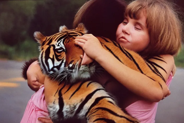 Image similar to close-up color film photography 1970s, girl hugs a tiger, soft light, 35mm, film photo, Joel Meyerowitz