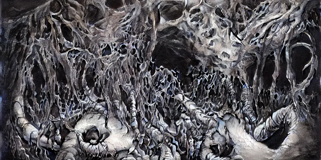 Prompt: hordes of tiny scorpions crawling through the cavities of a ((large moose skull)), Zdzislaw Beksinski, Wayne Barlowe, gothic, cosmic horror, worm's-eye view, close-up, dystopian, biomorphic, lovecraftian, amazing details, cold hue's