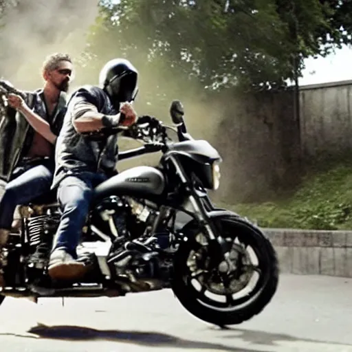 Prompt: VFX movie of Mark Zuckerbeg plays Terminator, rides a Harley motorobike, action scene be Emmanuel Lubezki