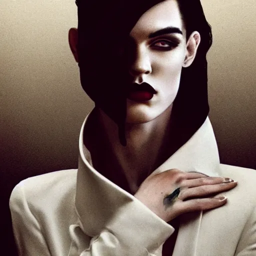 Image similar to beautiful portrait of androgynous ruby rose as desire from sandman in a white tuxedo!!!, rockabilly style, by peter lindbergh, by alphonse mucha, cedric peyravernay, by jeremy mann, by frank moth, white suit and black tie, soft lightning, high detailed, 8 k