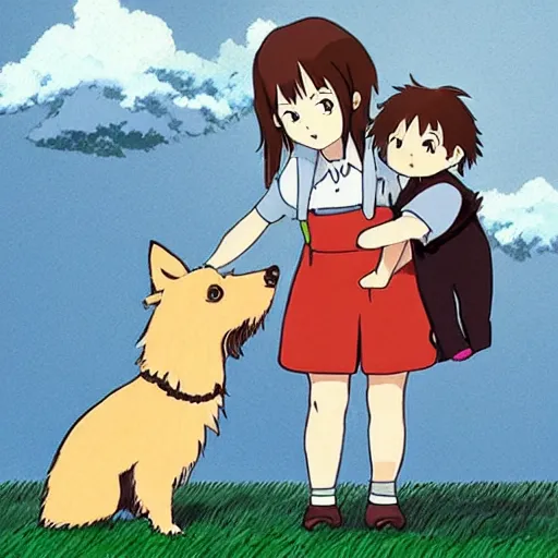 Prompt: a cute detective toddler and her yorkshire terrier companion, studio ghibli style