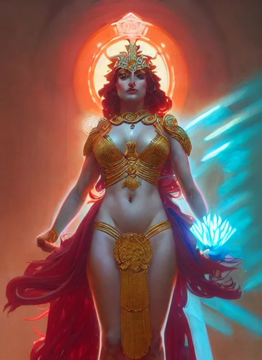 Image similar to the goddess hera looking angry, paper armour, volumetric lights, red and cyan theme, cute, intricate, elegant, highly detailed, digital painting, artstation, concept art, smooth, sharp focus, symmetric face, illustration, art by artgerm and greg rutkowski and alphonse mucha