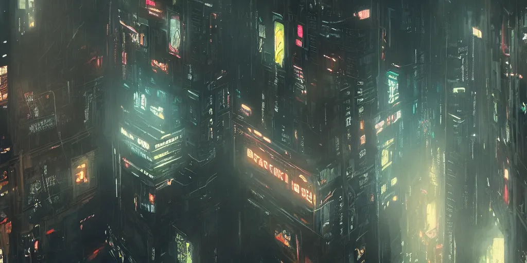 Image similar to a painting of a cinematic keyframe of a cyberpunk dystopian city, blade runner like seen from above, cenital shot, by greg rutkowski, rule of thirds, golden ratio, ambient lighting, wlop, artgerm, artstation, highly detailed masterpiece, dark fantasy art, high detail, trending on artstation