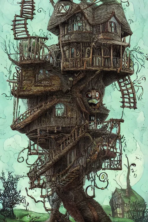 Image similar to The cat in the tree house illustrated by Tim Burton, Trending on artstation, artstationHD, artstationHQ, 4k, 8k