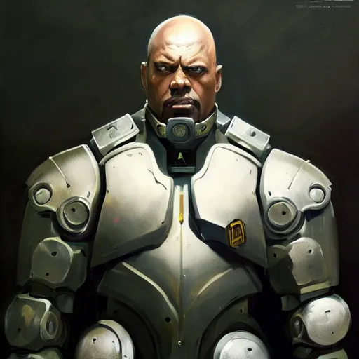 Image similar to greg manchess portrait painting of fully armored bionic augmented the foundation aka dwayne the rock as overwatch character, medium shot, asymmetrical, profile picture, organic painting, sunny day, matte painting, bold shapes, hard edges, street art, trending on artstation, by huang guangjian, gil elvgren, ruan jia, greg rutkowski, gaston bussiere