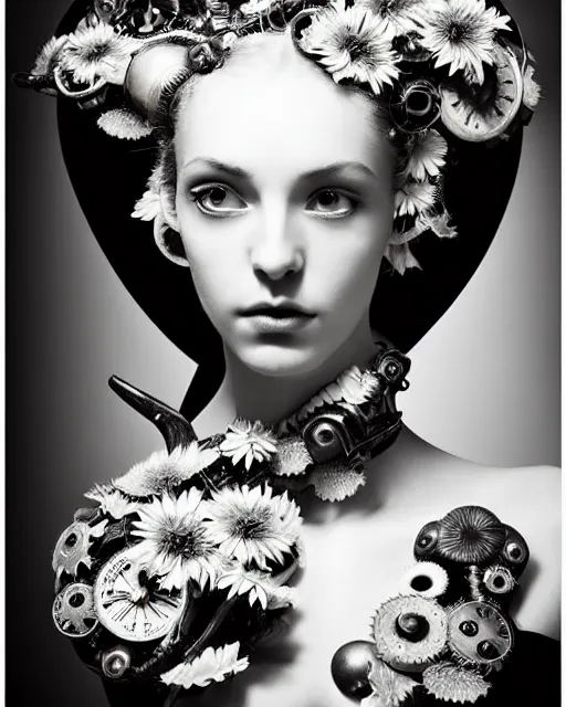 Prompt: a black and white high quality dreamy photo of a young beautiful female queen-pale dragon-vegetal-many big steampunk flowers-cyborg bust with a very long neck, elegant, highly detailed, poetic, soft, dreamy, mysterious, high fashion, in the style of Horst P. Horst, Realistic, Refined, Digital Art, Highly Detailed, Cinematic Lighting, rim light, black and white, photo-realistic, 8K