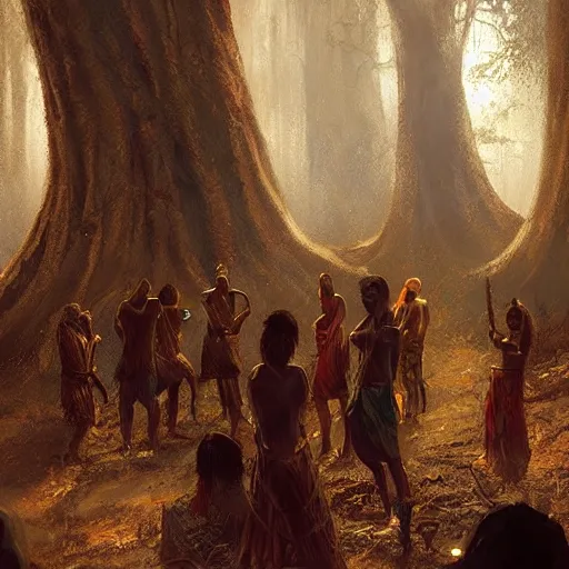 Image similar to ancient igbo ceremony where forest spirits and shamans in masks emerge from the twilight woods, epic fantasy style art by craig mullins, fantasy epic digital art, epic fantasy card game art by greg rutkowski