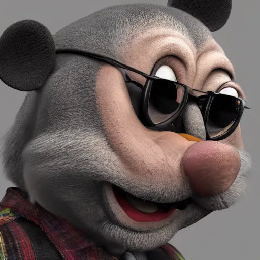 Prompt: old man mickey mouse, wrinkled, sagging, aged, glasses, greying fur, realistic, unreal engine, trending on art station,