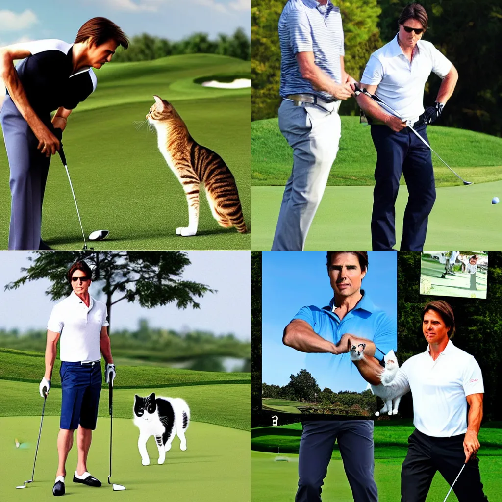 Prompt: Tom Cruise playing golf, with a cat as his caddy, photorealistic