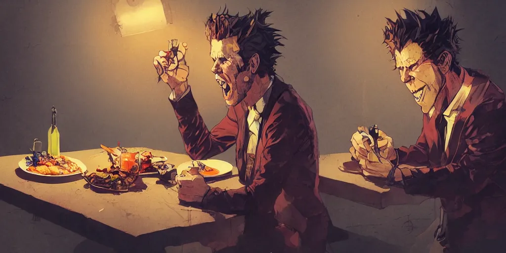 Image similar to cartoonish tom waits eating dinner, vivid colors, character sheet, fine details, concept design, contrast, kim jung gi, greg rutkowski, trending on artstation, 8 k, full body, turnaround, front view, back view, ultra wide angle