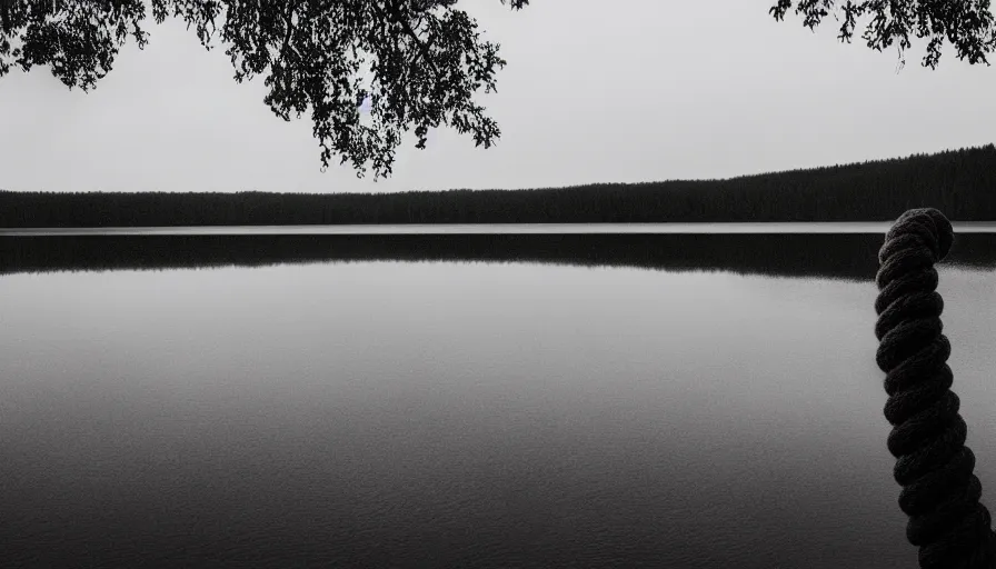 Prompt: photograph of an infinitely long rope on the surface of the water, the rope is zig zagging from the foreground towards the center of the lake, a dark lake on a cloudy day, trees in the background, moody scene, anamorphic lens, kodak color film stock