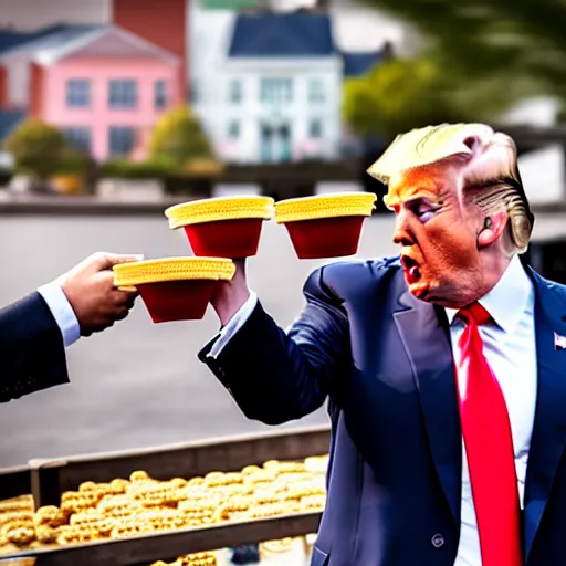 Prompt: donald trump hitting civilians with pudding cups, pudding stained clothes, golden hour, boardwalk, professional photography