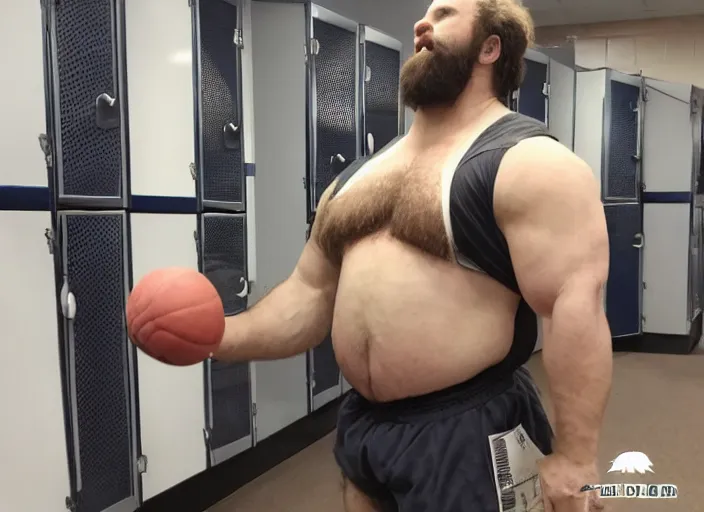 Image similar to big hairy burly strongman in private high school locker room