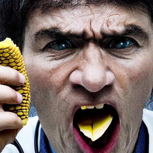 Prompt: extremely detailed portrait closeup of a doctor angrily yelling at a corncob, bloodshot teary eyes and immense anger