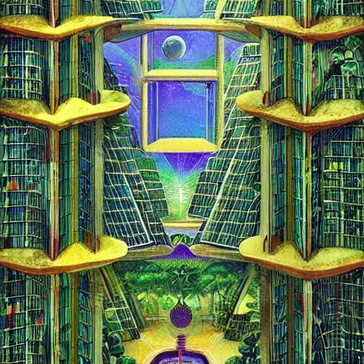 Image similar to a solar punk lush giant plants city, modern architecture by ricardo bofill, city of the jungle, geometry will draw the soul toward the truth and create the spirit of philosophy, galactic nebula, surrealist oil painting