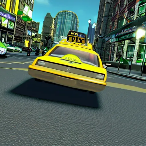 Image similar to ps 2 game about a frog driving a taxi, unreal 4 screenshot,