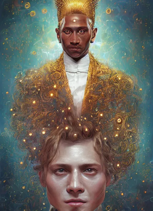 Image similar to masterpiece portrait of a cosmic god wearing tuxedo, au naturel, hyper detailed, digital art, trending in artstation, cinematic lighting, studio quality, smooth render, unreal engine 5 rendered, octane rendered, art style by klimt and nixeu and ian sprigger and wlop and krenz cushart