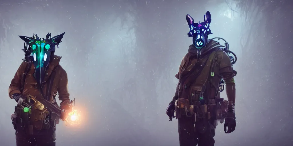 Image similar to a beautifully strange image of a gamekeeper wearing a dieselpunk mechanical fluorescent mystical animal mask. walking in the misty, dangerous river. in style of fornite game. award winning. dramatic. trending on artstation. high quality. rendered by beeple, digital art, unreal engine 5, fornite game. octane render