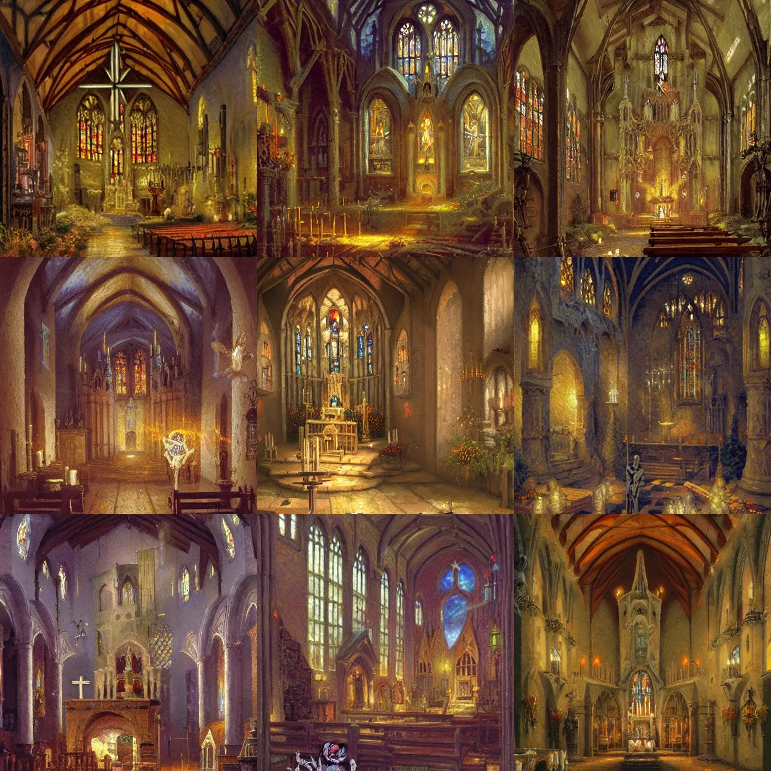 Prompt: a medieval church interior with a skeleton lying propped up on the left and an angel holding a torch on the right, painting by thomas kinkade