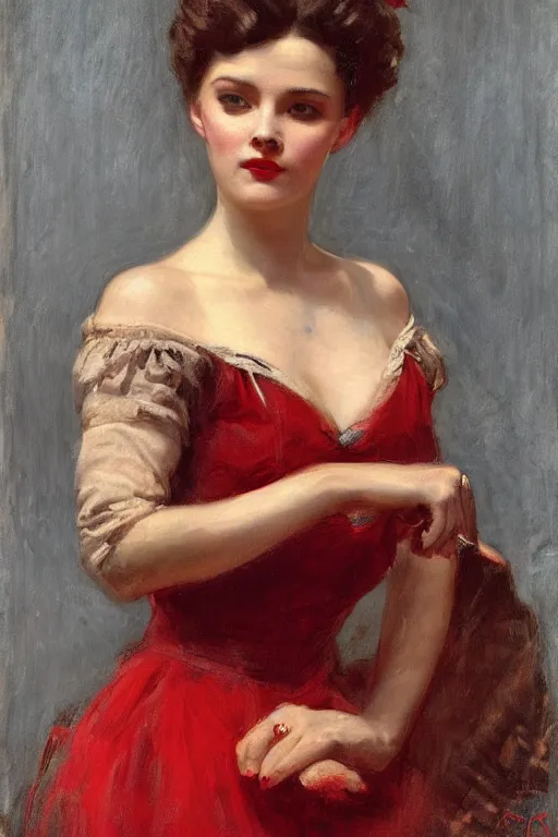 Image similar to Solomon Joseph Solomon and Richard Schmid and Jeremy Lipking victorian genre painting full length portrait painting of a young beautiful woman traditional german french Gene Tierney barmaid in fantasy costume, red background