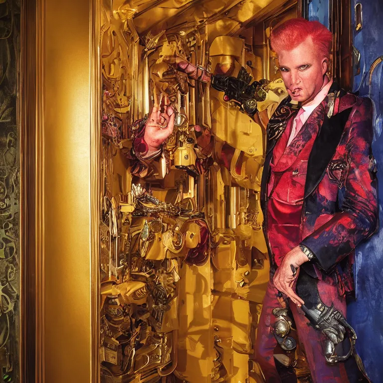 Image similar to professional octane render portrait by wayne barlow and carlo crivelli and glenn fabry, a flamboyant man in a bright colorful saturated wes anderson elevator operator costume inside a dark and moody vintage elevator in a high - end exotic vintage boutique hotel, very short depth of field, bokeh, gears of war