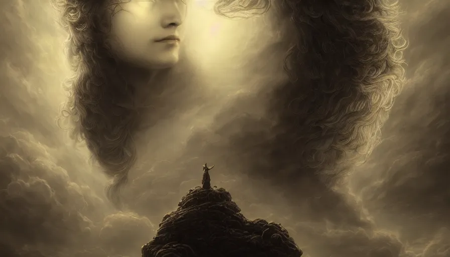 Image similar to face in the clouds, fantasy, dramatic, intricate, elegant, highly detailed, digital painting, artstation, concept art, smooth, sharp focus, illustration, art by gustave dore, octane render