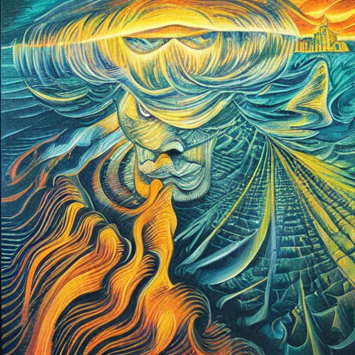 Image similar to water, fire, fog, surreal by dan mumford and umberto boccioni, oil on canvas