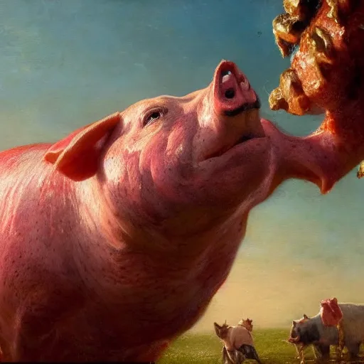 Prompt: farmers wanted to create a source of endless meat with magic, but they created a huge meaty pig - like something that destroys the farm, close - up, painting by gaston bussiere, craig mullins, j. c. leyendecker, 4 k, 8 k, trending on artstation, artstationhd, artstationhq, highest detail