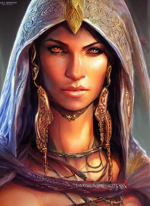 Image similar to arabian human female, ultra detailed fantasy, dndbeyond, bright, colourful, realistic, dnd character portrait, full body, pathfinder, pinterest, art by ralph horsley, dnd, rpg, lotr game design fanart by concept art, behance hd, artstation, deviantart, hdr render in unreal engine 5