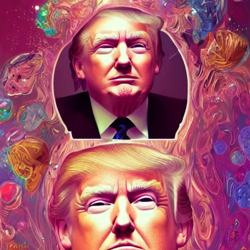 Image similar to dream portrait of donald trump , dreamy and ethereal, expressive pose, big pink eyes, exciting expression, fantasy, intricate, elegant, many rainbow bubbles, rose tones, highly detailed, digital painting, artstation, concept art,cyberpunk wearing, smooth, sharp focus, illustration, art by artgerm and greg rutkowskiand alphonse mucha,Salvador Dali.