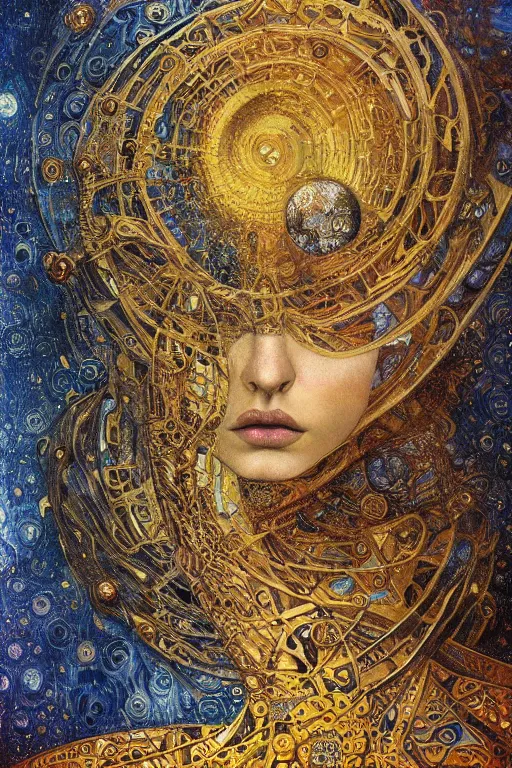 Prompt: Machinery of Fate by Karol Bak, Jean Deville, Gustav Klimt, and Vincent Van Gogh, enigma, otherworldly, fractal structures, prophecy, ornate gilded medieval icon, third eye, spirals