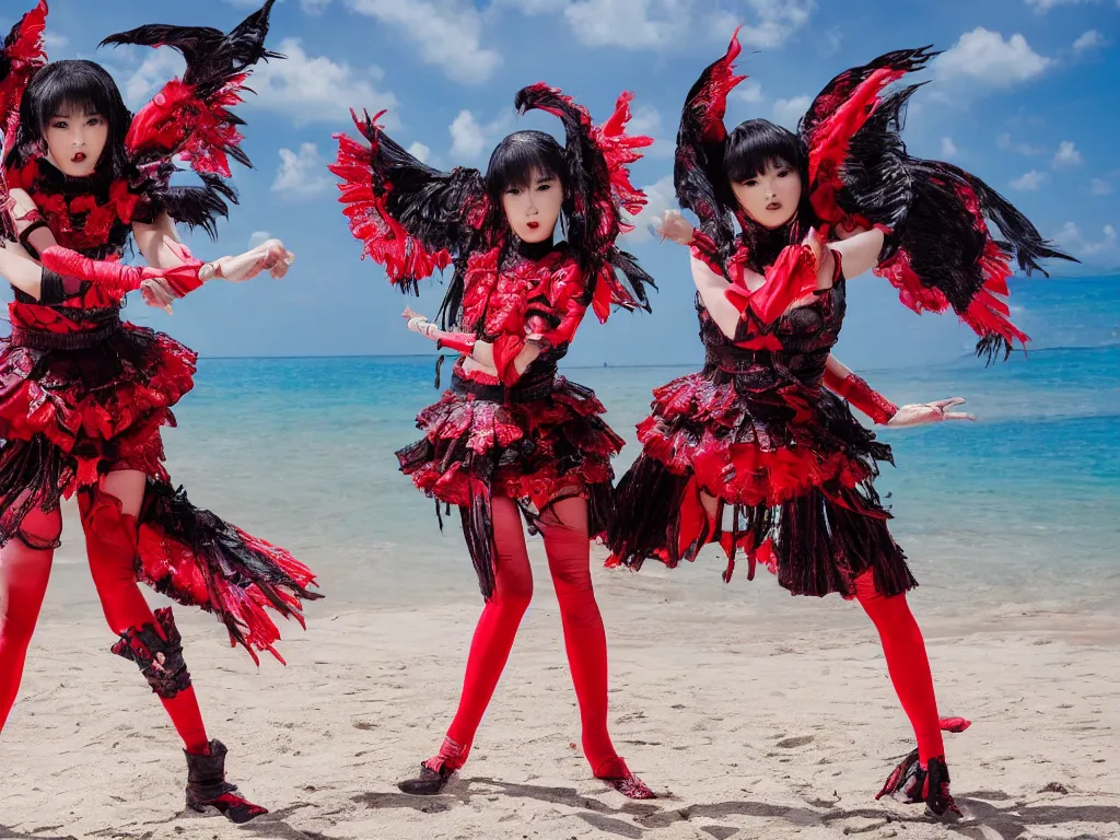 Prompt: babymetal performing on a tropical beach beautiful, scenery, 3 members, high detail, High Definition detail, 8K, photography