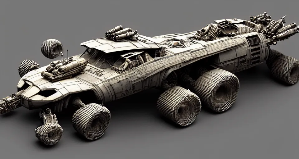 Image similar to highly detailed cinematic syd mead scifi render of 3 d sculpt of fury road spaceship, sparth, scott robertson, guardians of the galaxy, star wars, maschinen krieger, raphael lecoste, no wheels