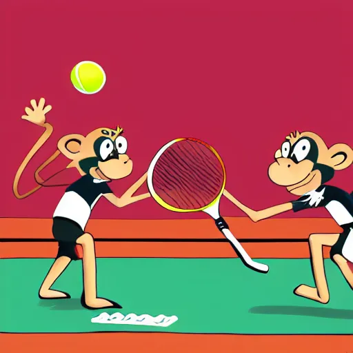 Prompt: cartoon illustration of monkeys playing tennis, 4k wallpaper