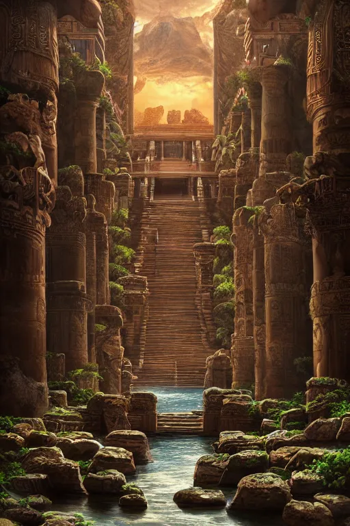 Image similar to An amazing interior of the temple of the gods of nature, intricate details, vast open interior, amazing and tall waterfalls, dramatic lighting, digital art, trending on Artstation, dark, hyper-realistic, detailed