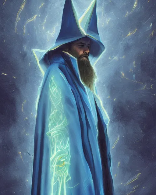 Prompt: Hyper realistic painting of a wizard in a blue robe, by Anato Finnstark, detailed, beautiful, trending on artstation