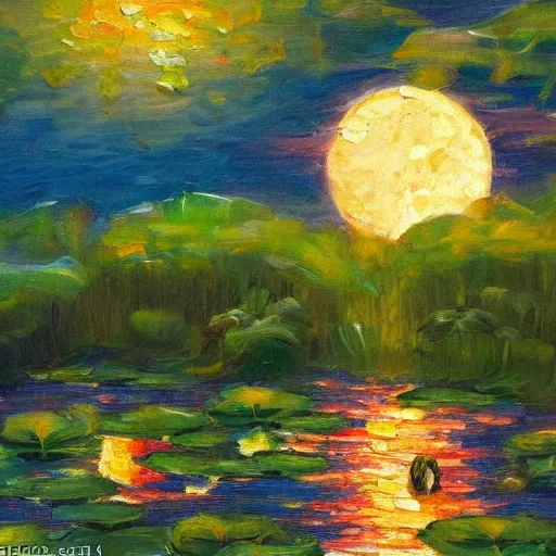 Image similar to A detailed, impressionist oil painting of moon shining over a lotus lake