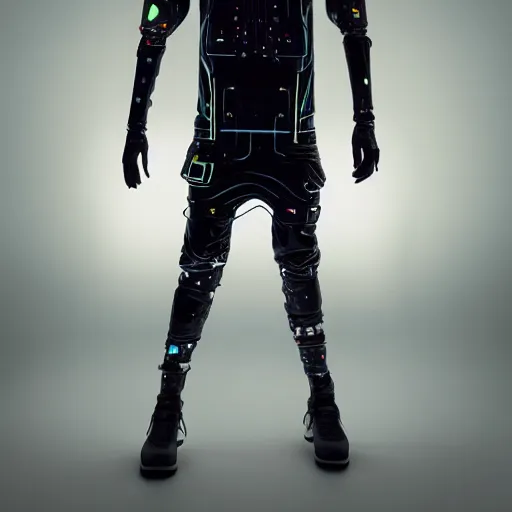 Image similar to a mannequin dressed in a futuristic cyberpunk outfit, hoodie, baggy pants, fashion photography, studio lighting, ash thorp