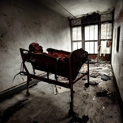 Image similar to photo of a demon strapped to a rusty old hospital bed in an abandoned hospital, real life photography, horror, biological photo, fullbody, dynamic lighting, beautiful, scary