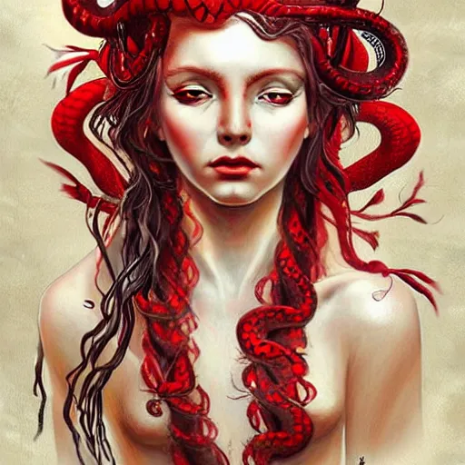 Prompt: realistic mythological greek medusa with red snakes on the head full body, by anna dittmann