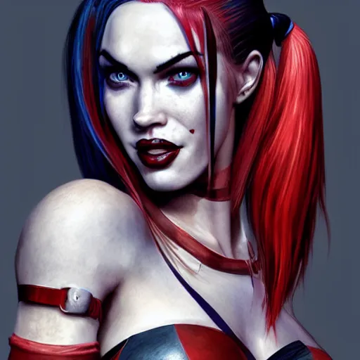 Image similar to portrait of megan fox as harley quinn, au naturel, hyper detailed, digital art, trending in artstation, cinematic lighting, studio quality, smooth render, unreal engine 5 rendered, octane rendered, art style by klimt and nixeu and ian sprigger and wlop and krenz cushart.